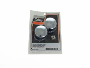 Chrome motorcycle swingarm covers with mounting screws, compatible with various Harley Davidson models.