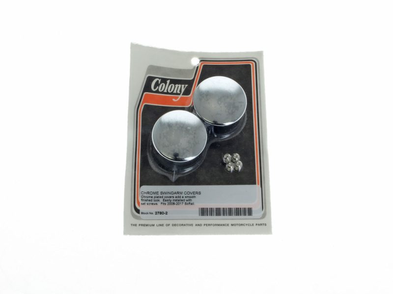 Chrome motorcycle swingarm covers with mounting screws, compatible with various Harley Davidson models.