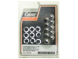 Chrome acorn nuts and washers for motorcycle transmission side cover, high-performance aftermarket parts.