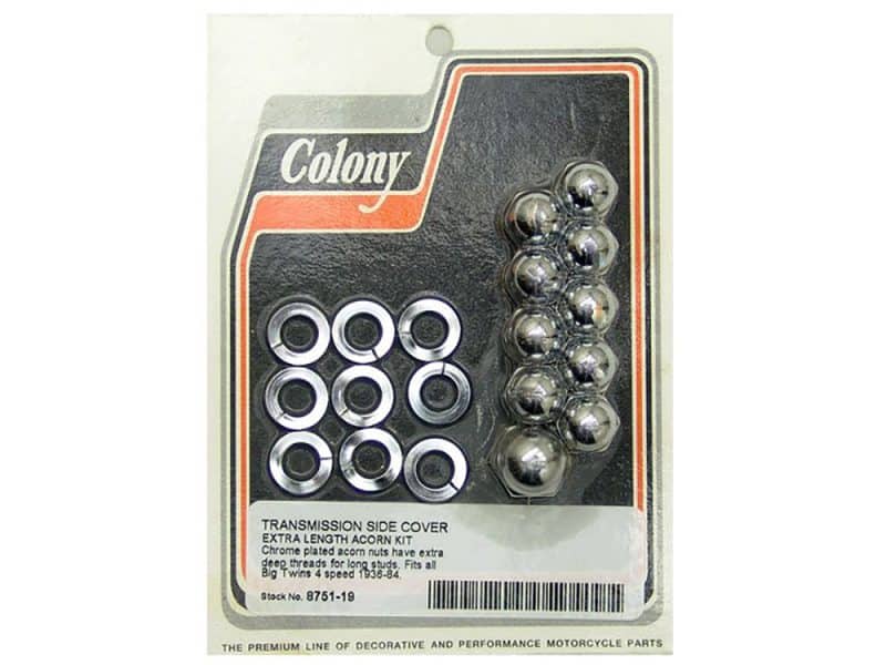 Chrome acorn nuts and washers for motorcycle transmission side cover, high-performance aftermarket parts.