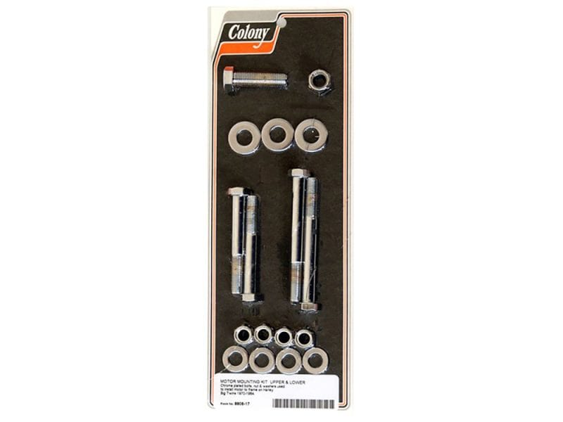 Upper & Lower Engine Mount Bolt Kit - Chrome. Fits Big Twin 1970-1984. High-quality motorcycle hardware kit including bolts, spacers, and nuts for custom Revelry Motorcycles builds.