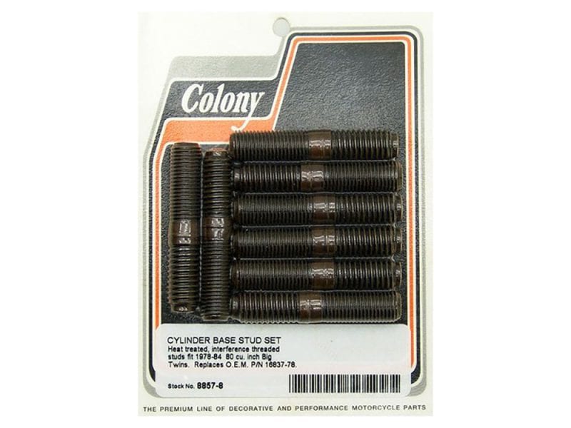 Cylinder base stud set for motorcycle engines, heat treated and interference threaded. Fits 1978-84 80 cu. inch Big Twins.