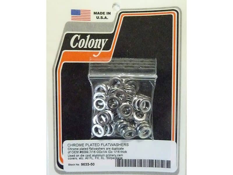 Chrome plated flatwashers for bicycle and motorcycle repairs on Revelry Motorcycles website.