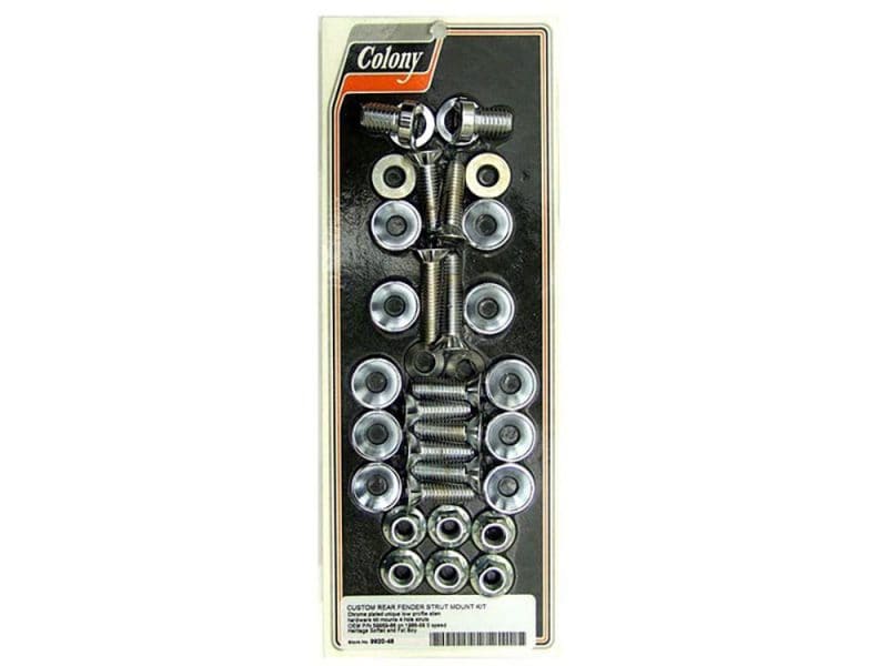 Colony motorcycle custom rear fender strut mount kit, chrome, for motorbikes and cruisers.
