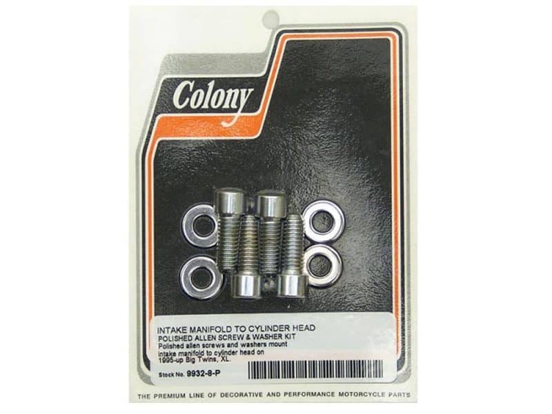 Intake Manifold Bolt Kit. Fits Big Twin & Sportster 1995-2006 with CV Carburettor. Polished Allen screw and washers kit for motorcycle intake manifold to cylinder head.