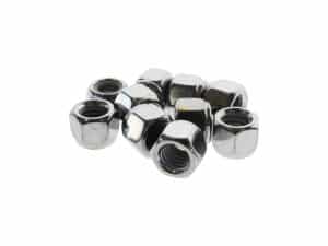 Shiny motorcycle wheel nuts, ideal for Revelry Motorcycles bike customisation and maintenance.