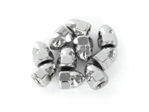 Shiny metallic motorcycle nut and bolt fasteners for custom motorcycle builds.