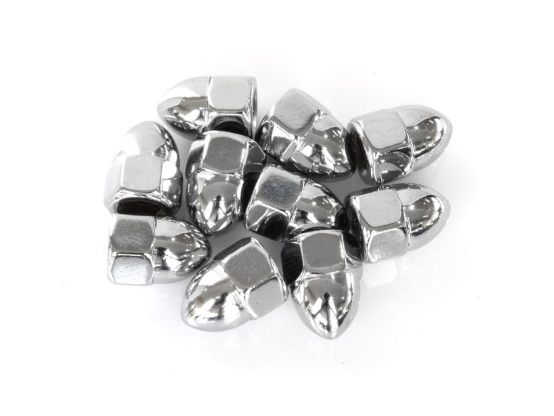 Shiny chrome motorcycle nuts and bolts for bike maintenance and customisation.