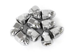 Shiny silver motorcycle axle nuts for Revelry Motorcycles accessories.
