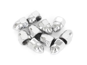 Shiny silver motorcycle axle nuts for enhanced bike performance and style.