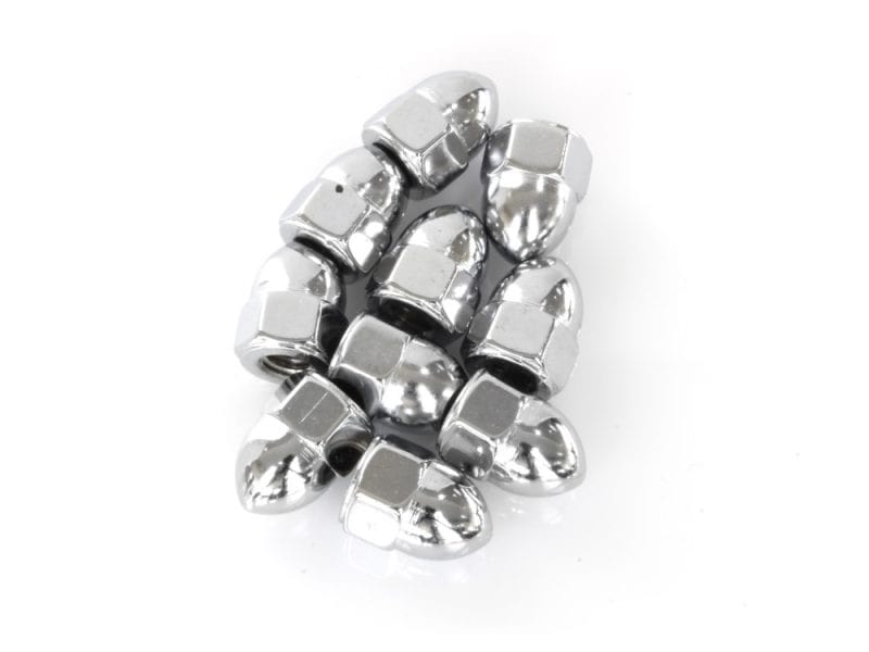 Polished chrome motorcycle axle nuts for Revelry Motorcycles customization.