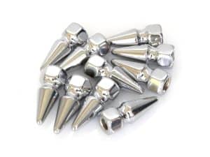 Silver motorcycle spoke nipples for wheel customization and repair.