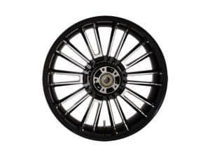 Black motorcycle wheel with spokes for Revelry Motorcycles, quality custom motorcycle accessories.