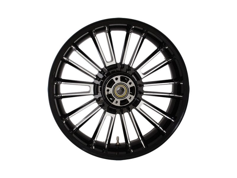 18in. x 5.50in. wide Atlantic 3D Wheel with Rear Hub - Black Cut. Fits Touring 2009up with ABS Black motorcycle wheel with spokes for Revelry Motorcycles, quality custom motorcycle accessories.