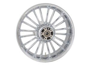 Chrome motorcycle wheel with spoked design for Revelry Motorcycles.