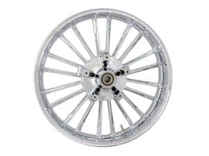 Shiny chrome motorcycle wheel for custom Harley Davidson builds.