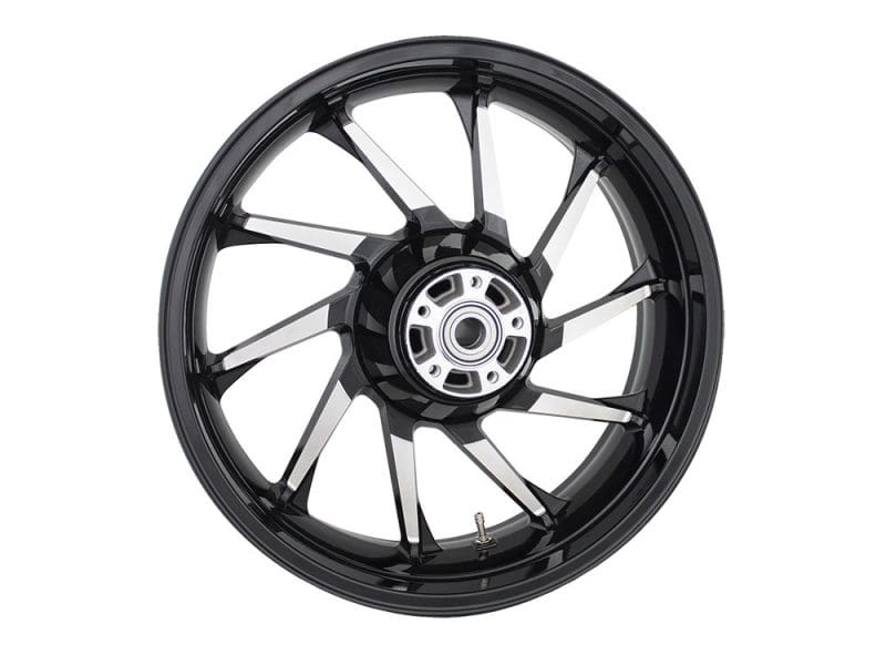 18in. x 5.50in. wide Hurricane 3D Wheel with Rear Hub - Black Cut. Fits Touring 2009up with ABS High-performance motorcycle wheel for Revelry Motorcycles, durable and lightweight.