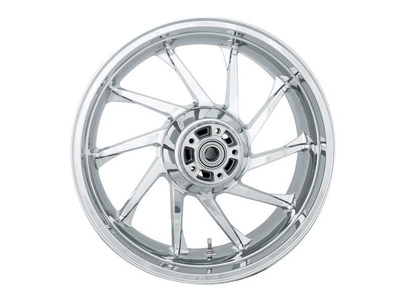 High-performance motorcycle wheel with chrome finish for custom Revelry Motorcycles.