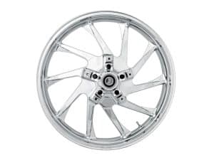 Shiny chrome motorcycle alloy wheel for Revelry Motorcycles, high-performance bike parts.