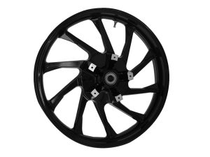 Black motorcycle wheel with alloy spokes for Revelry Motorcycles, ideal for custom cruiser builds.