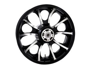 Aerospace motorcycle wheel with black and silver finish for high-performance riding.