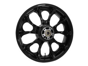 Black motorcycle wheel for Revelry Motorcycles, durable and stylish accessories for bike enthusiasts.