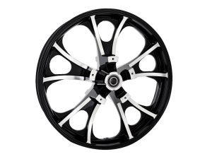 High-performance motorcycle wheel with black and silver finish.