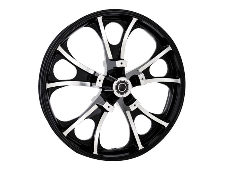 High-performance motorcycle wheel with black and silver finish.