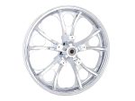 Aluminium motorcycle wheel with chrome finish, suitable for café racers and custom bikes.