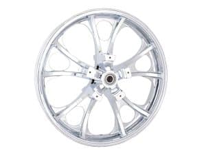 Aluminium motorcycle wheel with chrome finish, suitable for café racers and custom bikes.