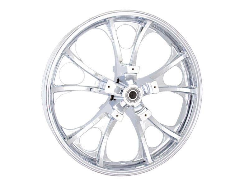 21in. x 3.50in. wide Largo 3D Wheel with Front Hub - Chrome. Fits Touring 2008up with ABS Aluminium motorcycle wheel with chrome finish, suitable for café racers and custom bikes.