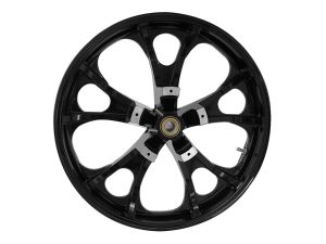 Black motorcycle wheel with spoked design and alloy rim - perfect for custom bike builds.