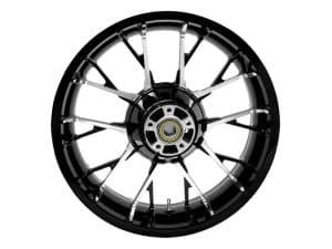 Aluminium motorcycle wheel with spokes and bearing, suitable for custom or sportbike upgrades.