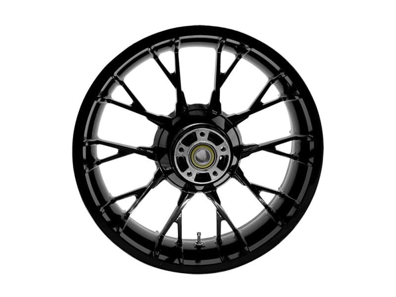 High-performance motorcycle wheel for Revelry Motorcycles, black alloy with intricate spoke design.