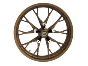 High-performance motorcycle wheel for Revelry Motorcycles, lightweight alloy design.