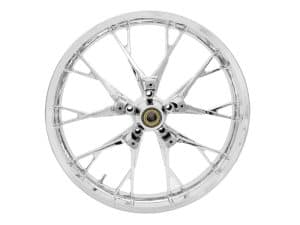 Shiny motorcycle wheel with chrome finish and intricate spoke design for custom bikes.
