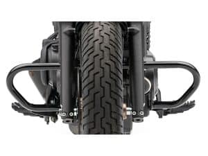 Suspension fork and front tire of Harley Davidson motorcycle, displaying rugged design for motorcycle enthusiasts.