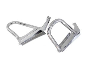 Polished chrome motorcycle footpegs for Harley Davidson custom bikes.