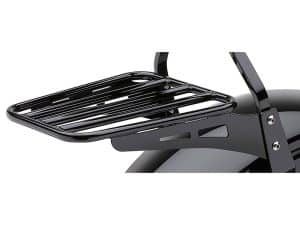 Sleek black motorcycle luggage rack for Revelry Motorcycles, ideal for touring and commuting.