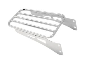 Chrome motorcycle luggage rack for touring bikes, durable and stylish accessory.