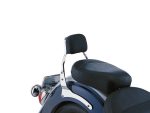 Comfortable black motorcycle seat with backrest, ideal for cruiser bikes and long rides.