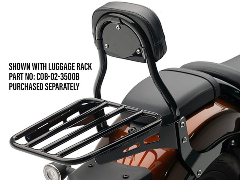 Motorcycle luggage rack with backrest for Revelry Motorcycles, black metal accessory.