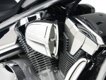 V8 motorcycle engine with chrome and black detailing, showcasing high-performance motorcycle features.