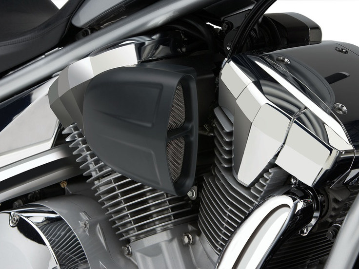 PowrFlo Air Intake System - Black. Fits Kawasaki Vulcan VN900 2006up. V-twin motorcycle engine with chrome and black finishes, showcasing power and precision.