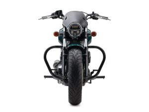 Bold black motorcycle front view showcasing modern design and powerful engine.