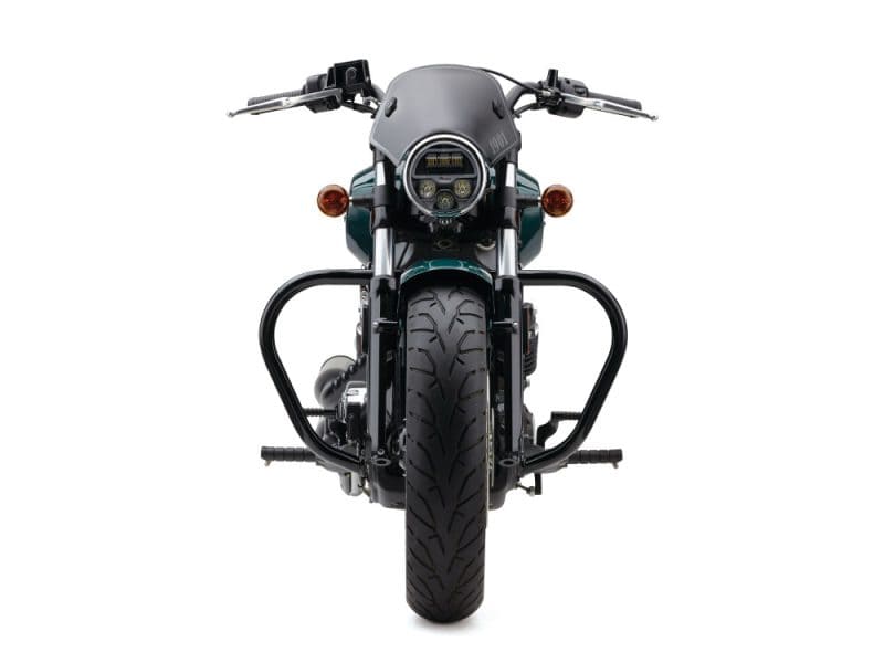 Engine Guard Freeway Bar - Black. Fits Scout 2015up Bold black motorcycle front view showcasing modern design and powerful engine.