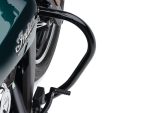 Custom motorcycle crash bar on a black and teal Revelry motorcycle, designed for protection and style.