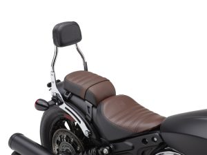 Comfortable black and brown motorcycle seat with backrest for Revelry Motorcycles.