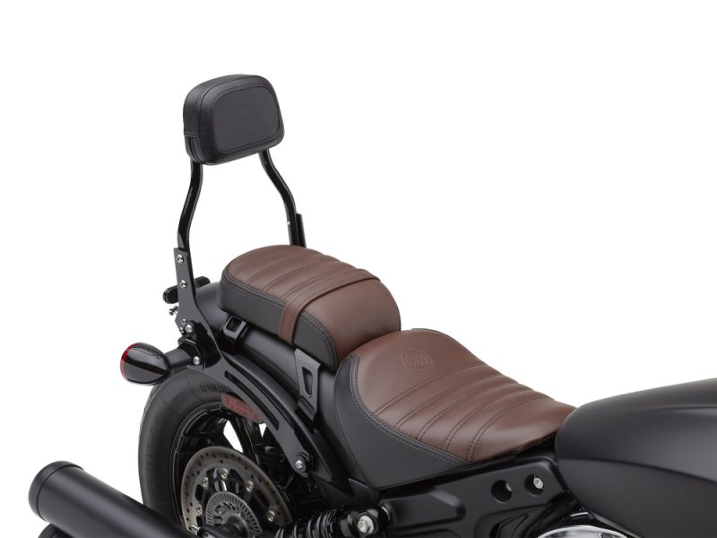 Comfortable black and brown leather motorcycle seat with passenger backrest, perfect for Rebelry Motorcycles.