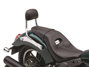 Luxurious black motorcycle seat with backrest, ideal for comfort and style.